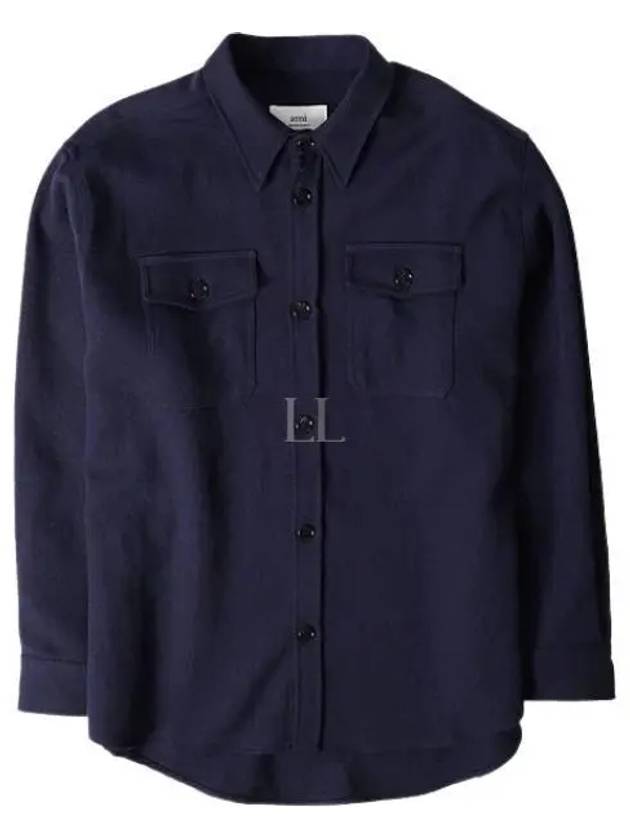 Chest Pocket Wool Shirt Jacket Navy - AMI - BALAAN 2