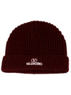 Embroidered Logo Ribbed Beanie Burgundy - VALENTINO - BALAAN 3