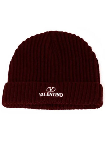 Embroidered Logo Ribbed Beanie Burgundy - VALENTINO - BALAAN 2