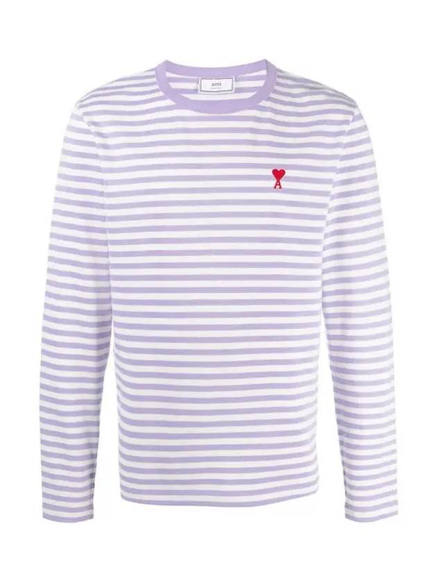 Small Heart Logo Stripe Long Sleeve T-shirt Lilac - AMI - BALAAN 3