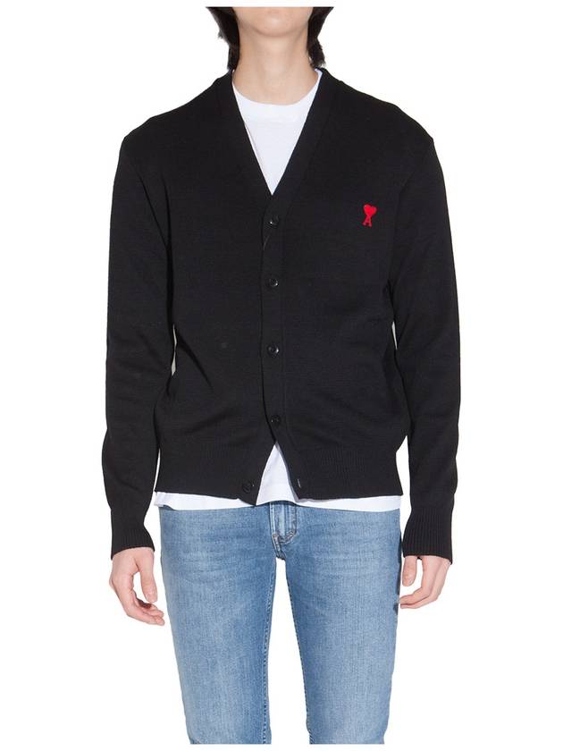 Red Heart Logo Merino Wool Cardigan Black - AMI - BALAAN 4