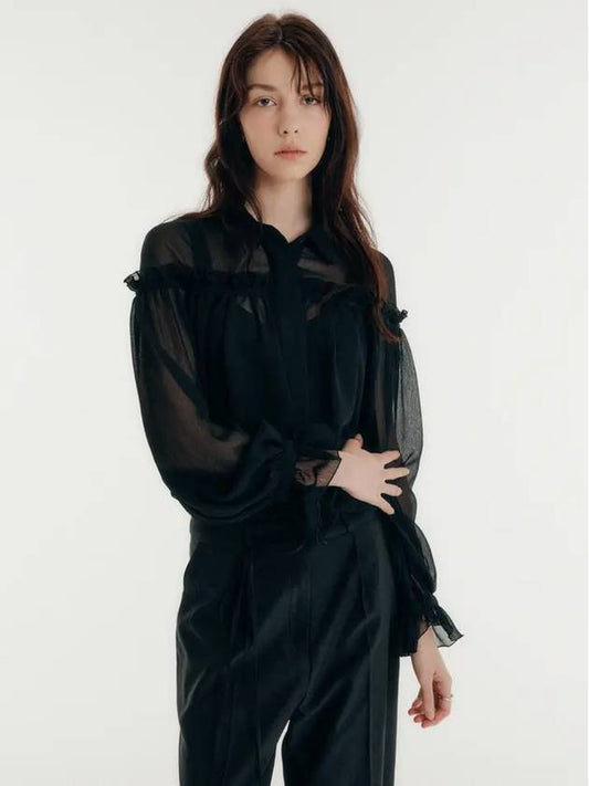 SHOULDER FRILL SEE THROUGH BLOUSE BLACK - CLAIR DE SAGE - BALAAN 1