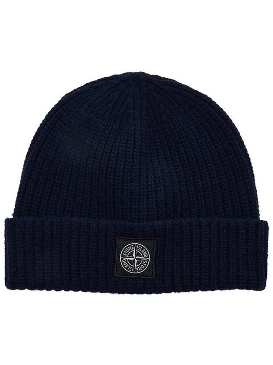 Logo Patch Rib Wool Beanie Navy - STONE ISLAND - BALAAN 2