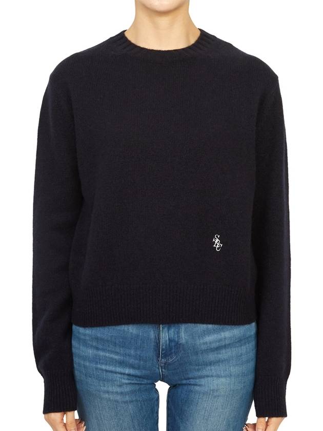 Embroidered Logo Crew Neck Cashmere Knit Top Navy - SPORTY & RICH - BALAAN 2