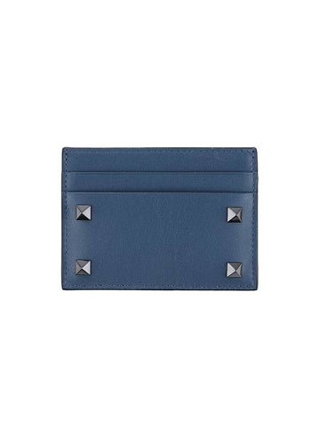 Rockstud Calfskin Card Wallet Navy - VALENTINO - BALAAN 1