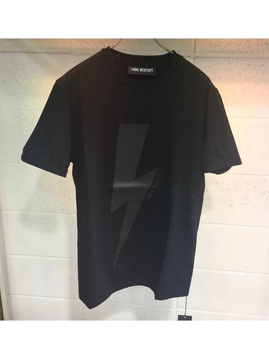 Men's Leather Thunder Patch Short Sleeve T-Shirt Black BJT455FH505P 0101 - NEIL BARRETT - BALAAN 1