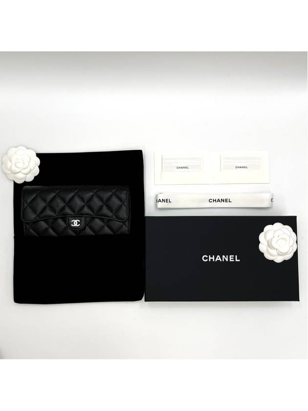 Silver Hardware Classic Caviar CC Logo Flap Long Wallet Black - CHANEL - BALAAN 3