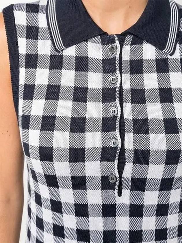 Gingham Silk Jacquard 4 Bar Polo Sleeveless Cardigan Navy - THOM BROWNE - BALAAN 4