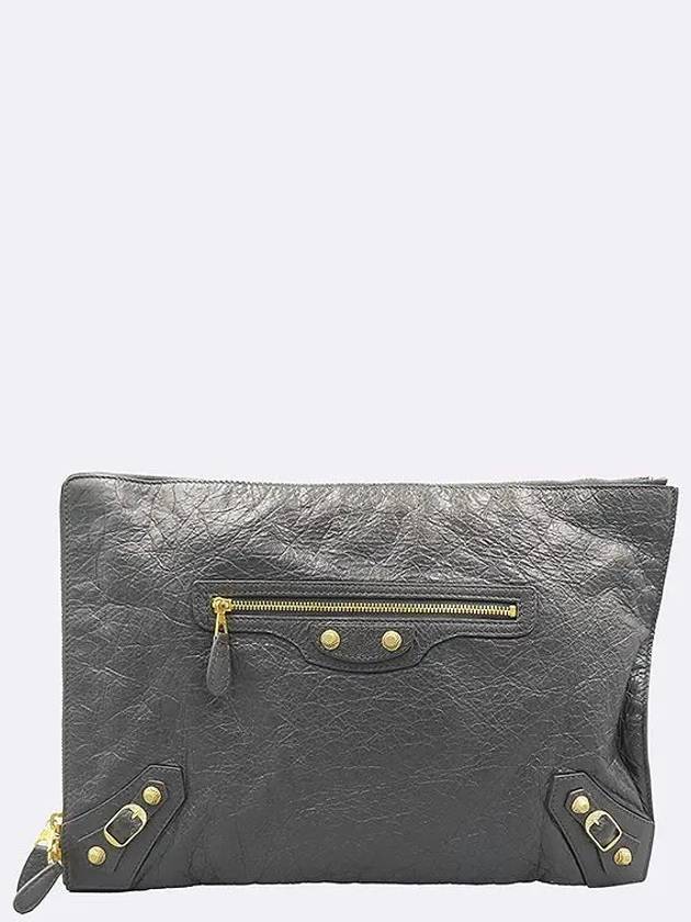 370994 Gray leather giant gold stud decorated zip up clutch - BALENCIAGA - BALAAN 1