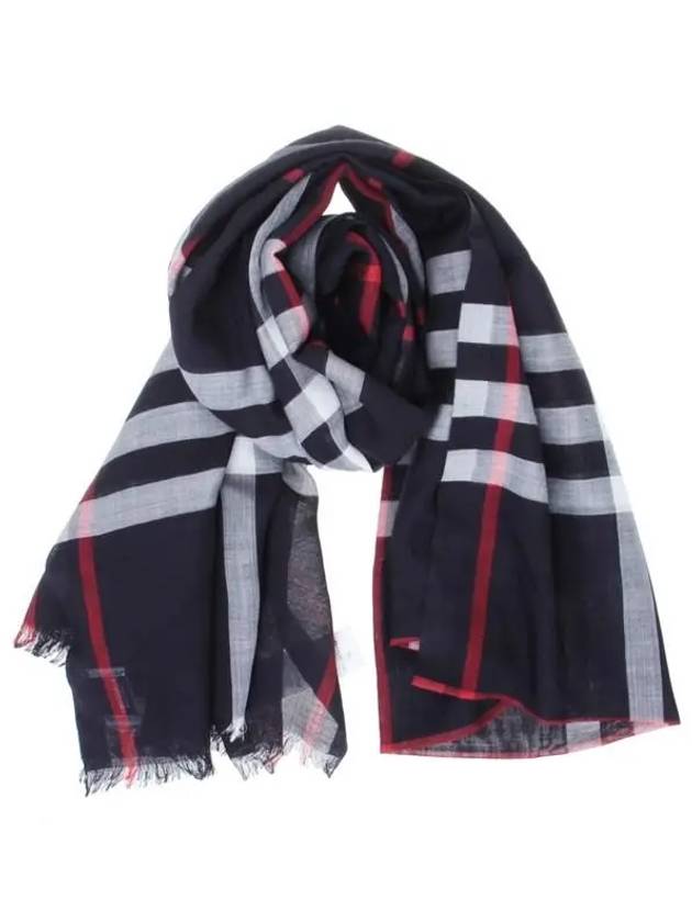 Check Lightweight Wool Silk Scarf Navy - BURBERRY - BALAAN 3