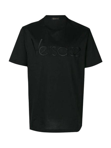 Men's Lettering Embroidery Short Sleeve T-Shirt Black - VERSACE - BALAAN 1