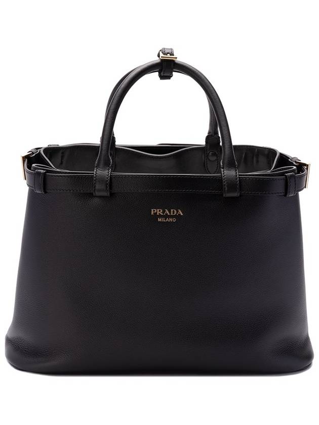 Double Belt Buckle Medium Leather Hand Tote Bag Black - PRADA - BALAAN 2