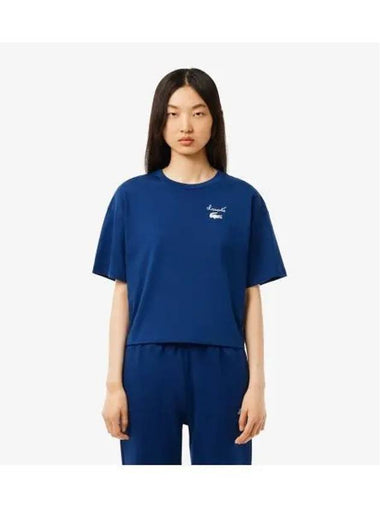 Women s graphic point short sleeve t shirt dark blue - LACOSTE - BALAAN 1