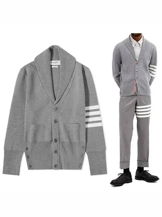 Men's Engineered Stripe Shawl Collar Cardigan Grey - THOM BROWNE - BALAAN.