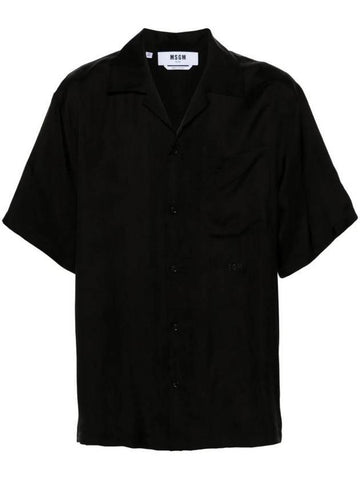 Embroidered Logo Cupro Short Sleeve Shirt Black - MSGM - BALAAN 1