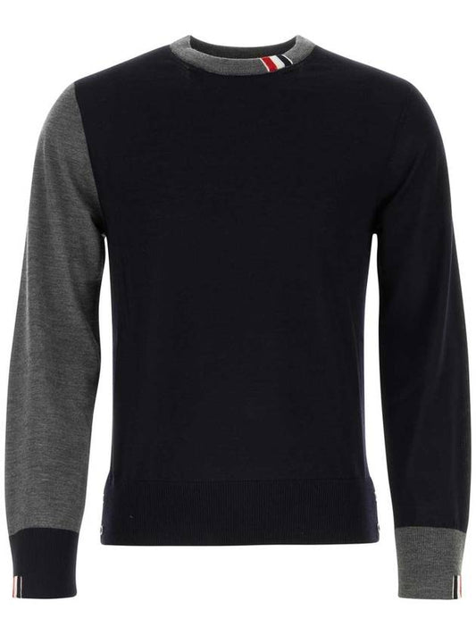 Tonal Crew Neck Virgin Wool Knit Top Grey Navy - THOM BROWNE - BALAAN 1