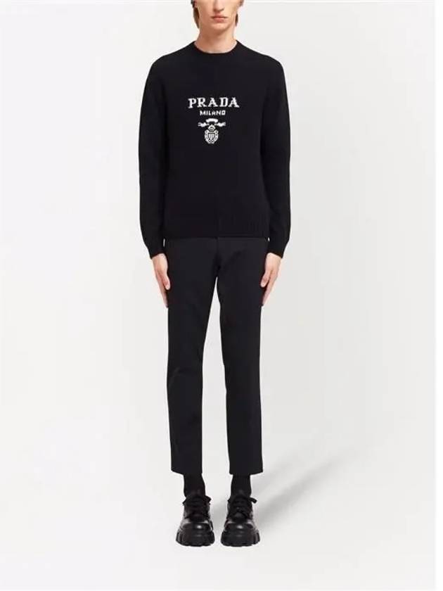 Embroidered Logo Wool Cashmere Crew Neck Knitted Sweater  Black - PRADA - BALAAN 3