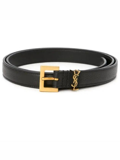 Cassandre Grained Leather Square Buckle Thin Belt Black - SAINT LAURENT - BALAAN 2