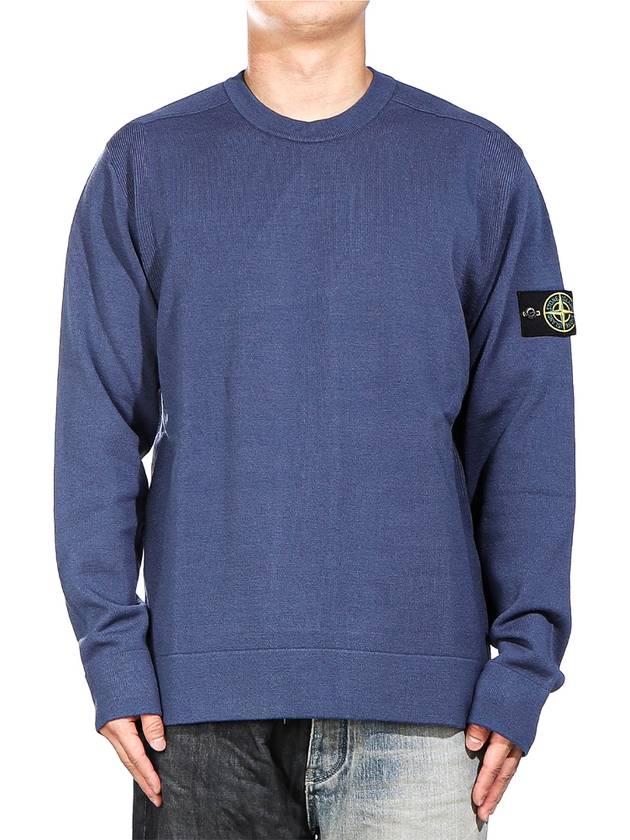 Compass Badge Crewneck Virgin Wool Knit Top Blue - STONE ISLAND - BALAAN 2