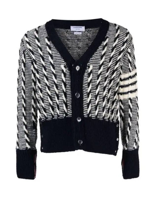 4-bar V-neck Twist Cable Knit Cardigan Navy - THOM BROWNE - BALAAN 2