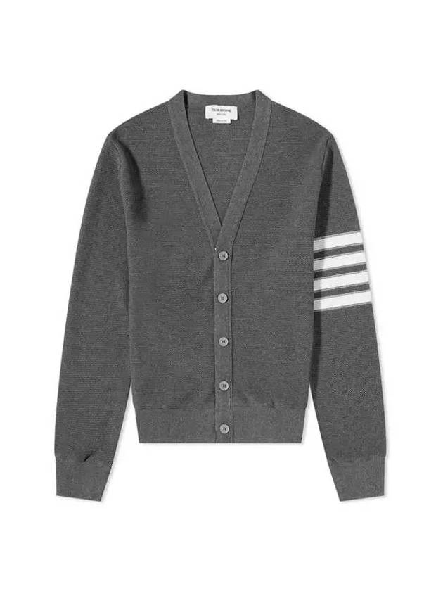 4 Bar Open Raschel Stitch V Neck Cardigan Grey - THOM BROWNE - BALAAN 2