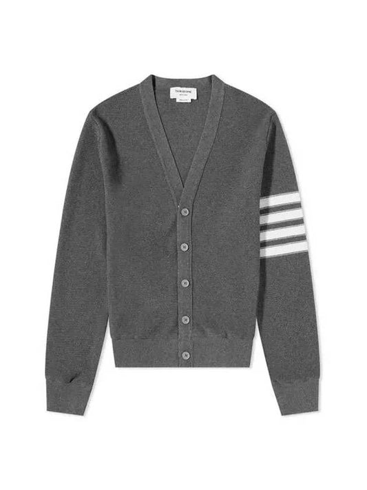 4 Bar Open Raschel Stitch V Neck Cardigan Grey - THOM BROWNE - BALAAN 2