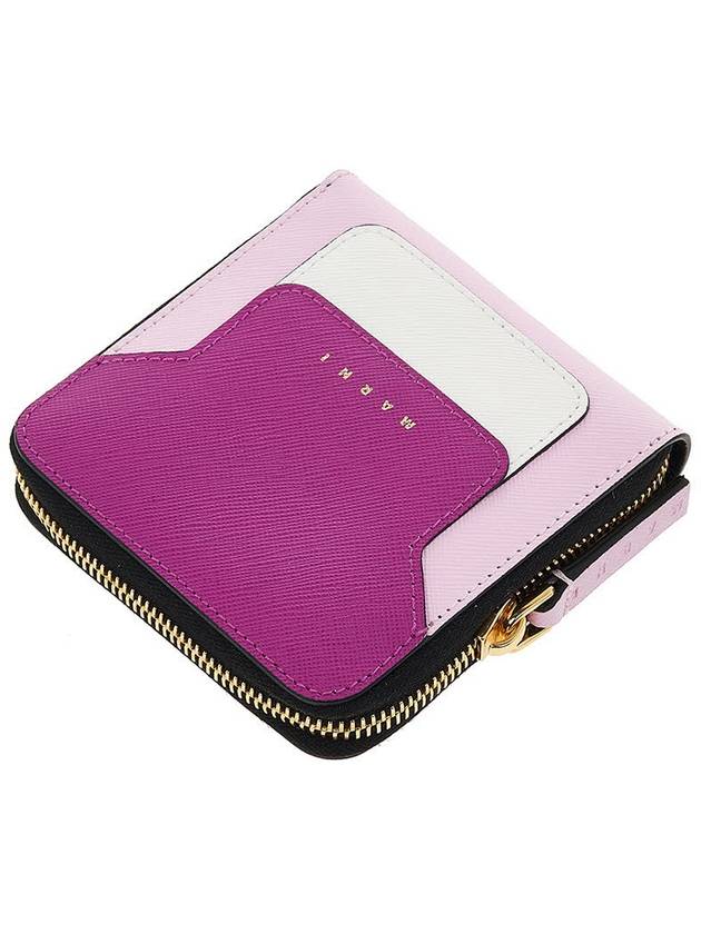 Logo Printed Round Zip Leather Half Wallet Pink - MARNI - BALAAN 5