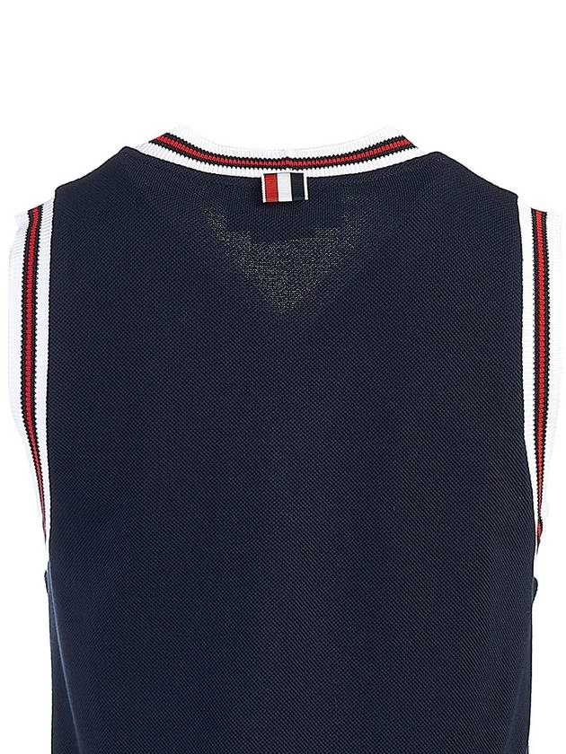 Women's Classic Pique Stripe V-Neck Cotton Tennis Dress Navy - THOM BROWNE - BALAAN 6