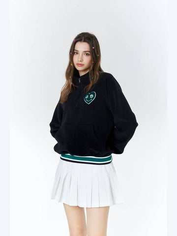 Green Heart Double Fleece Half Zip Up Black - GOXO - BALAAN 1