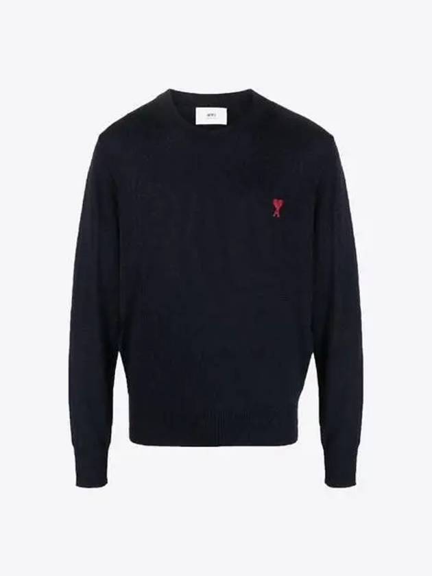 Heart Embroidered Logo Crew Neck Knit Top Navy - AMI - BALAAN 2