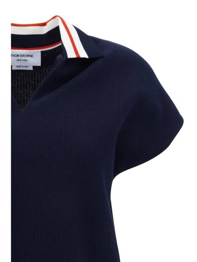 Women's Cricket Stripe Lightweight Cotton Short Sleeve Polo Shirt Navy - THOM BROWNE - BALAAN 4