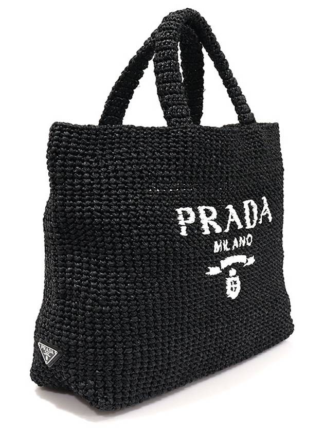 1BG392 Black Raffia Effect Lettering Logo Embroidered Crochet Tote Bag - PRADA - BALAAN 3