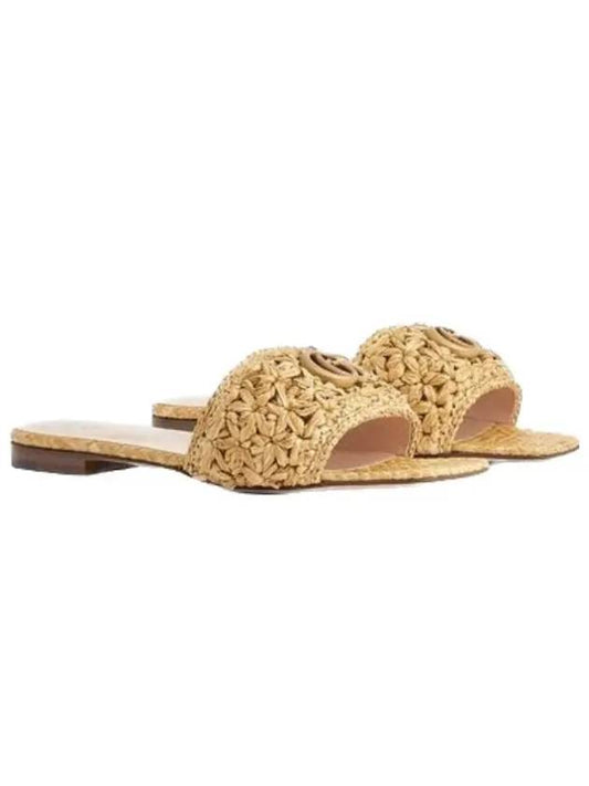 Double G slide sandals beige raffia effect fabric - GUCCI - BALAAN 2