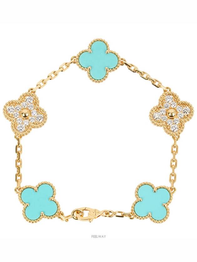 Van Cleef Arpels Vintage Alhambra Bracelet 5 Motif Yellow Gold Turquoise Diamond 74587 - VANCLEEFARPELS - BALAAN 1