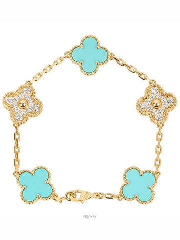 Van Cleef Arpels Vintage Alhambra Bracelet 5 Motif Yellow Gold Turquoise Diamond 74587 - VANCLEEFARPELS - BALAAN 1