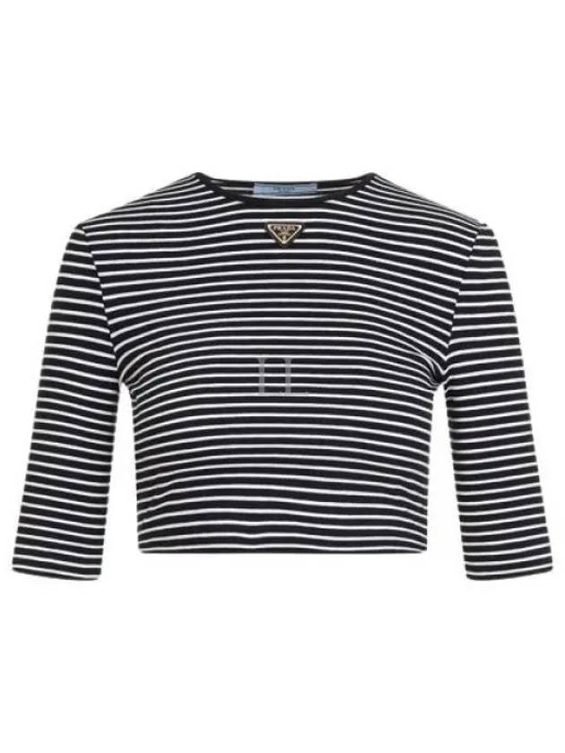 Triangular Logo Striped Cotton Short Sleeve T-shirt Black - PRADA - BALAAN 2