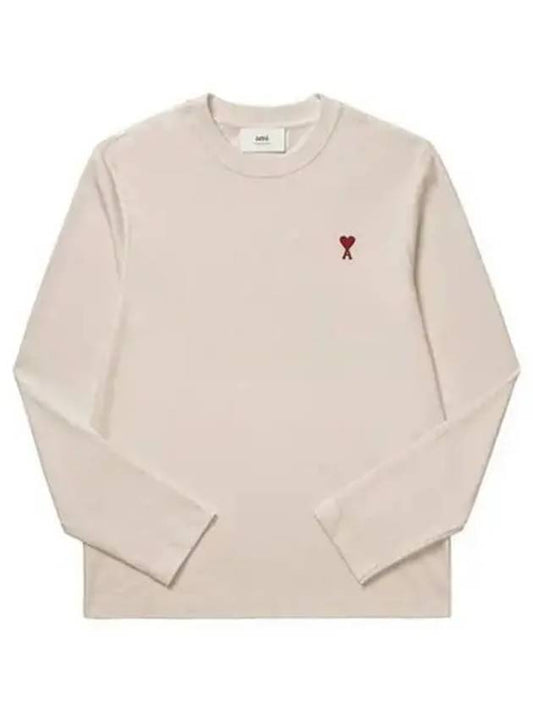 Chain Stitch Heart Logo Long Sleeve T-Shirt Light Beige - AMI - BALAAN 2