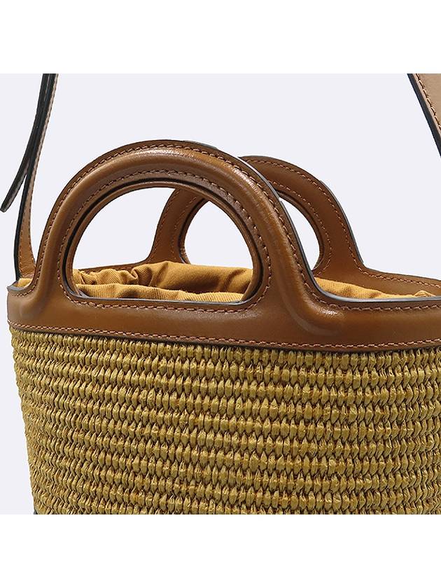 SCMP0056 Brown leather trimmed raffia tropicana bucket tote bag shoulder strap - MARNI - BALAAN 4