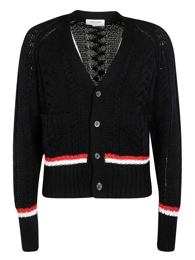 Men's Navy Striped Aran Cable V-neck Cardigan - THOM BROWNE - BALAAN.