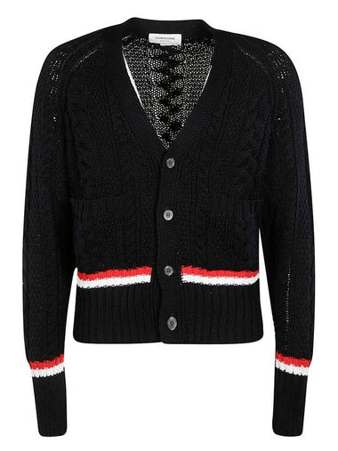 Men's Striped Aran Cable V-Neck Cardigan Navy - THOM BROWNE - BALAAN 1