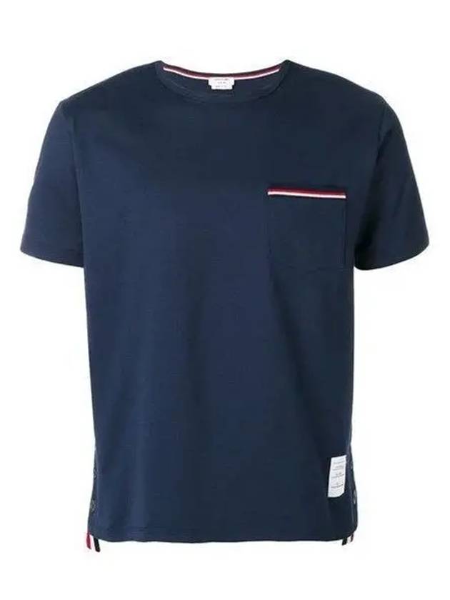 Men's Medium Weight Jersey Tipped Pocket Crewneck Short Short Sleeve T-Shirt Navy - THOM BROWNE - BALAAN 2