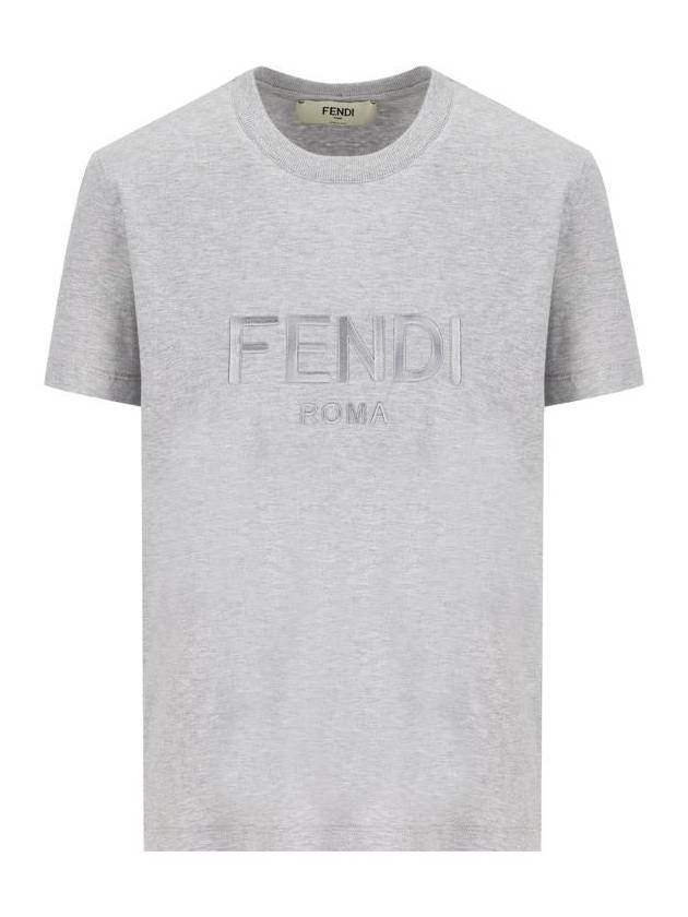 Lettering Embroidered Short Sleeve Cotton T-Shirt Grey - FENDI - BALAAN 2