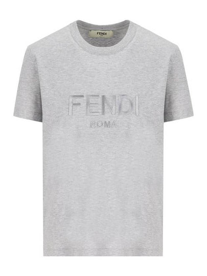 Lettering Embroidered Short Sleeve Cotton T-Shirt Grey - FENDI - BALAAN 2