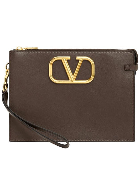 V logo signature clutch bag brown - VALENTINO - BALAAN.