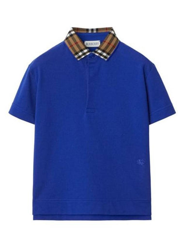 Kids Check Collar Polo Short Sleeve T-Shirt Blue - BURBERRY - BALAAN 1