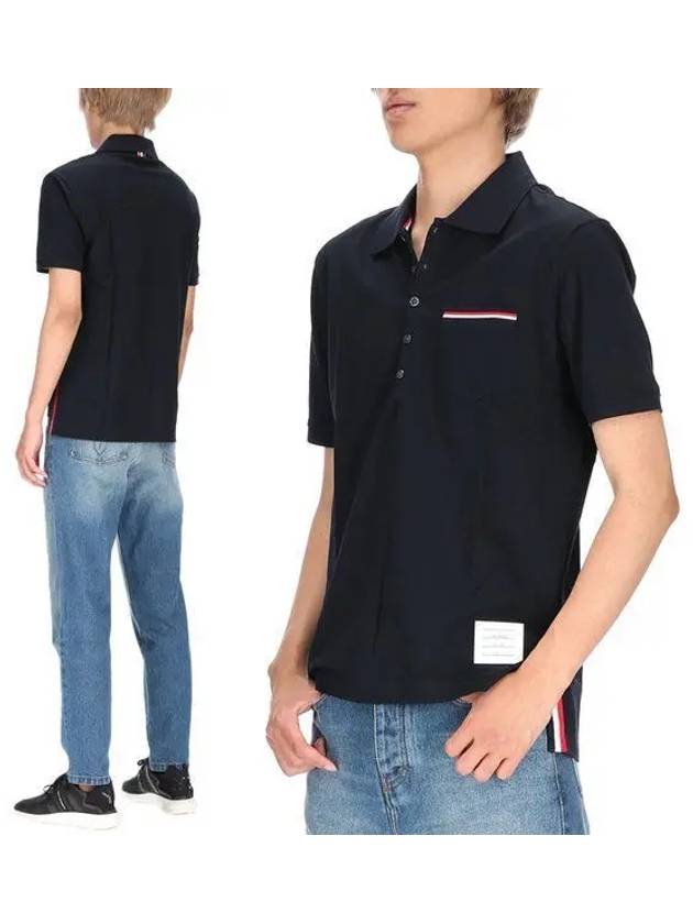 Men's Three Stripes Pocket Mercerized Short Sleeve Polo Shirt Navy - THOM BROWNE - BALAAN 2