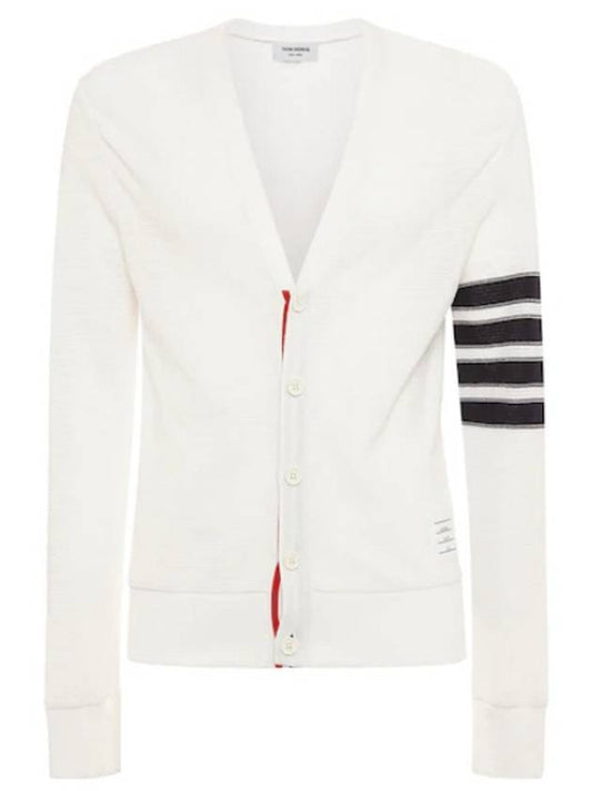 4 Bar Open Raschel Stitch V Neck Cardigan White - THOM BROWNE - BALAAN.