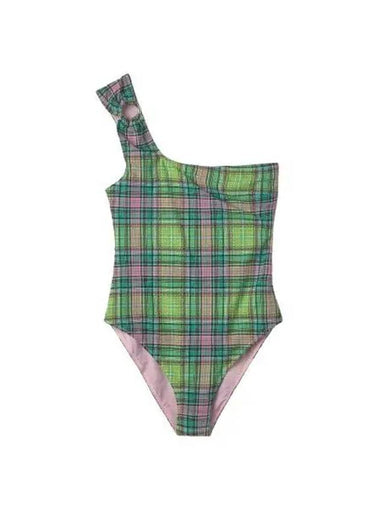 Plaid Check Bottom One Shoulder Swimsuit Multicolor - GANNI - BALAAN 1