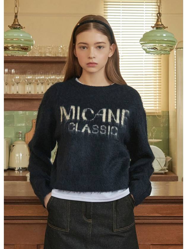 Women's Balmi Logo Round Neck Hair Knit Top Navy - MICANE - BALAAN 2