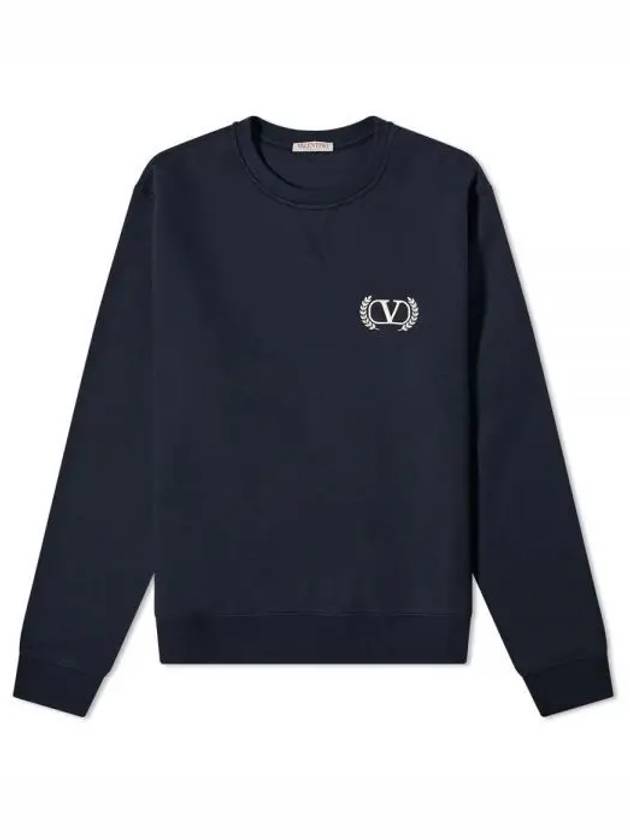 V Laurel Embroidered Logo Crew Neck Sweatshirt Navy Men s 236692 - VALENTINO - BALAAN 1